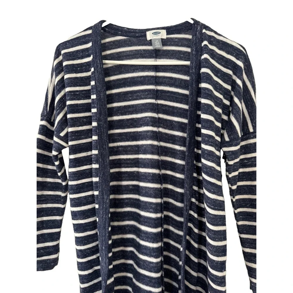 Old Navy Girls Large 10-12 Striped Open Front Cardigan Navy Blue White Knit